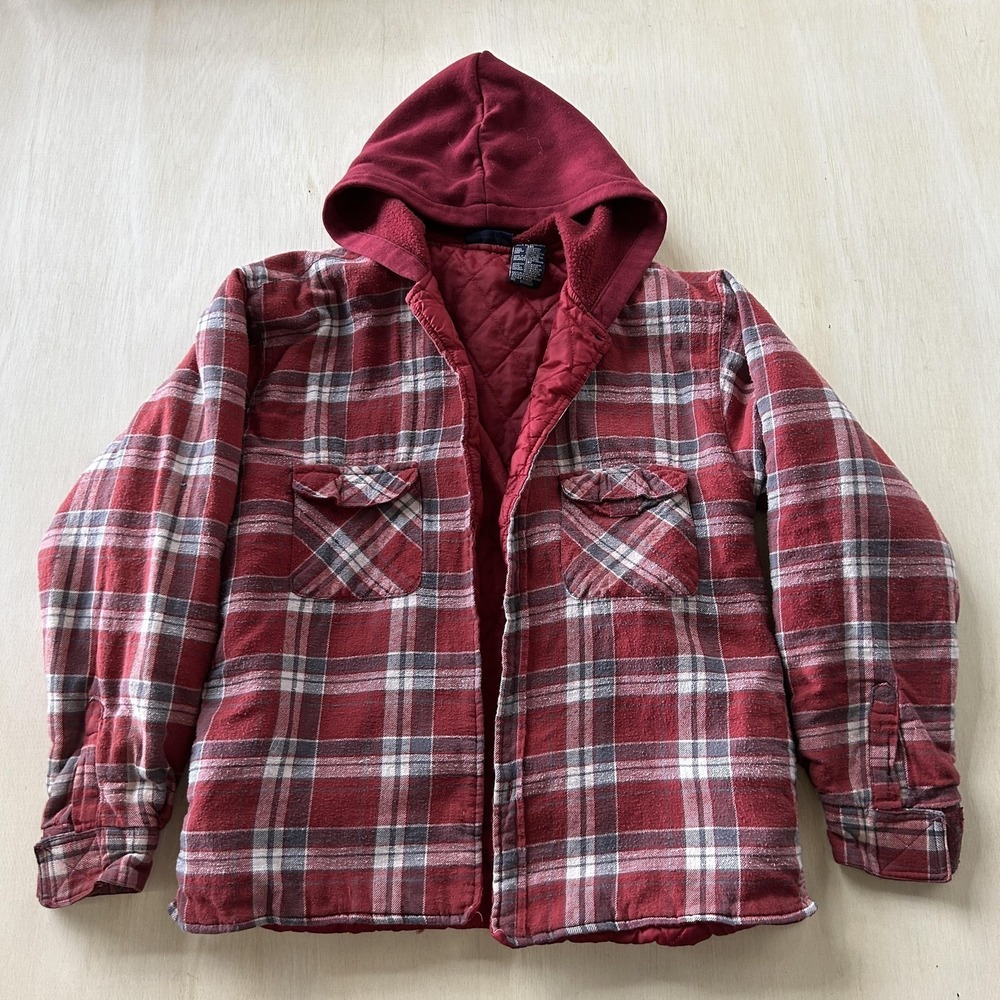Vintage Faded Glory Jacket Boy XL 18 Red Plaid Hooded Flannel Quilted Lined Warm